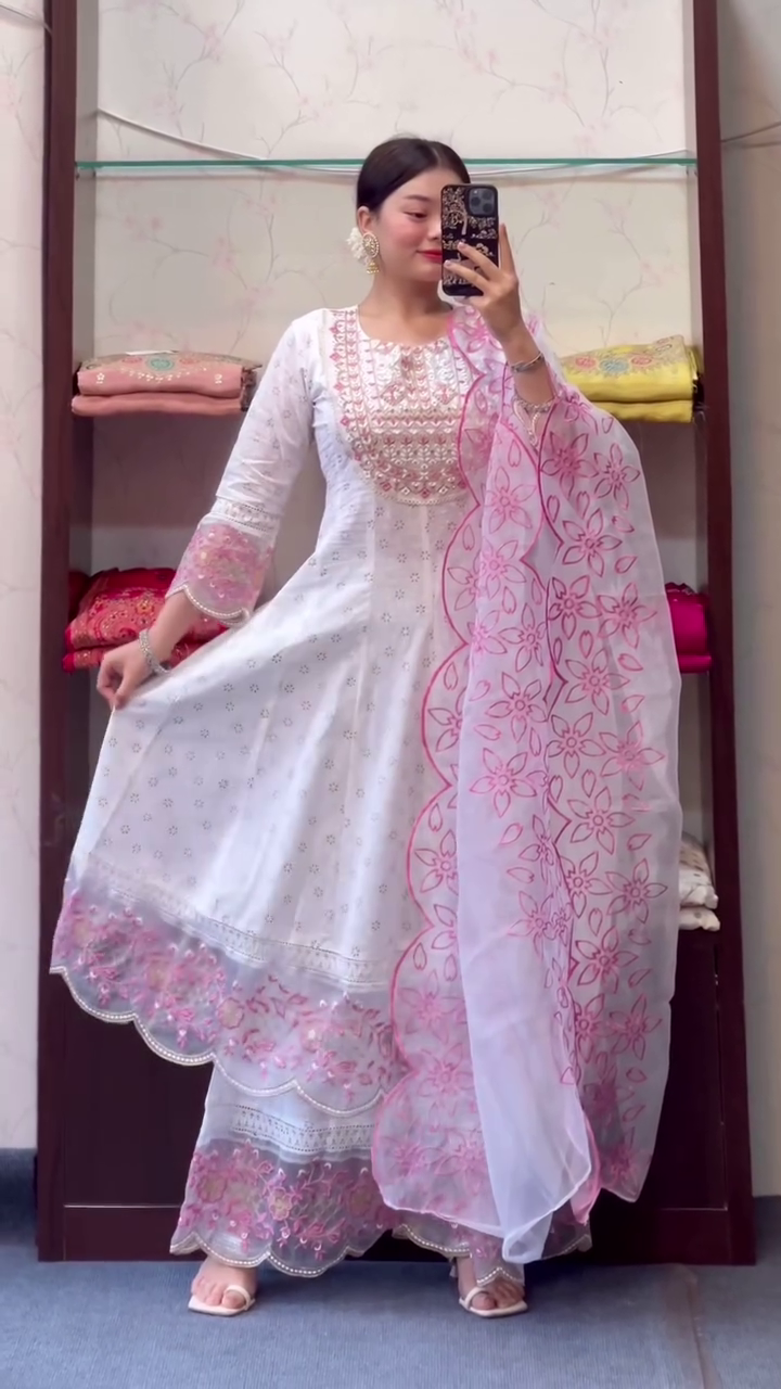 Embroidered Pure Cotton Round Neck Kurta & Sharara With Dupatta