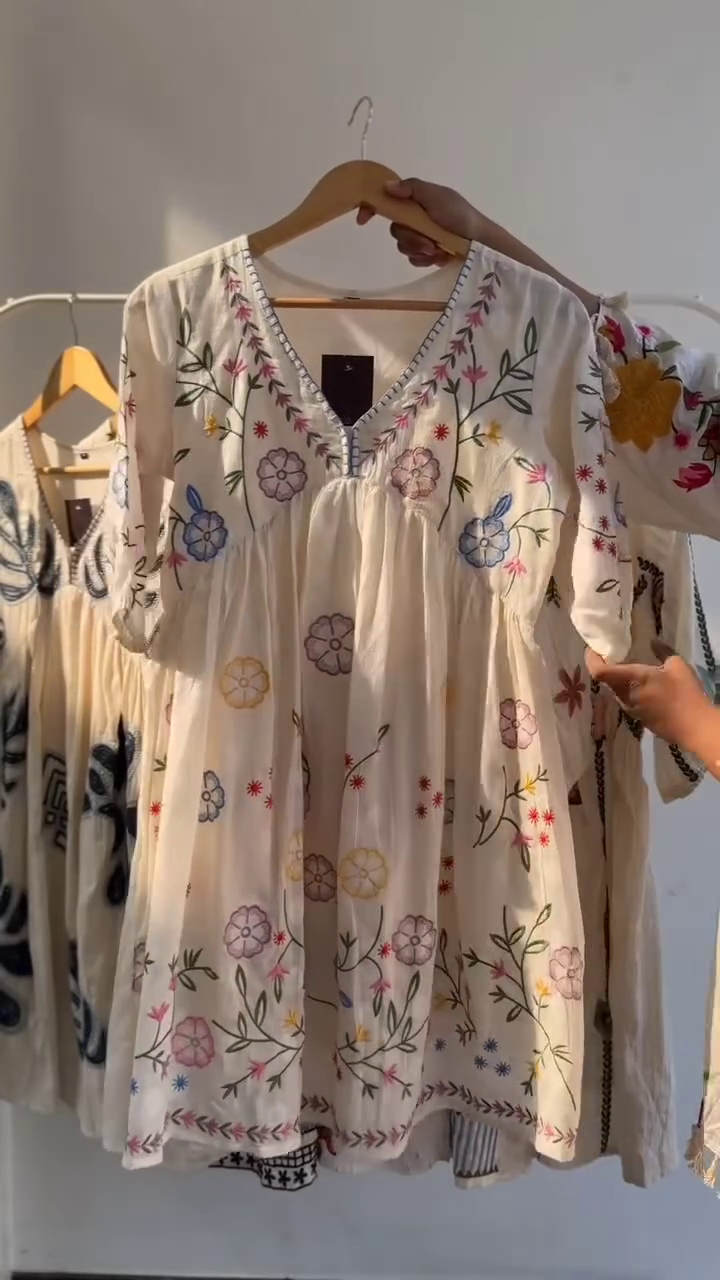 The Floral Embroidered V-Neck Puff Sleeves Cotton Empire Dress